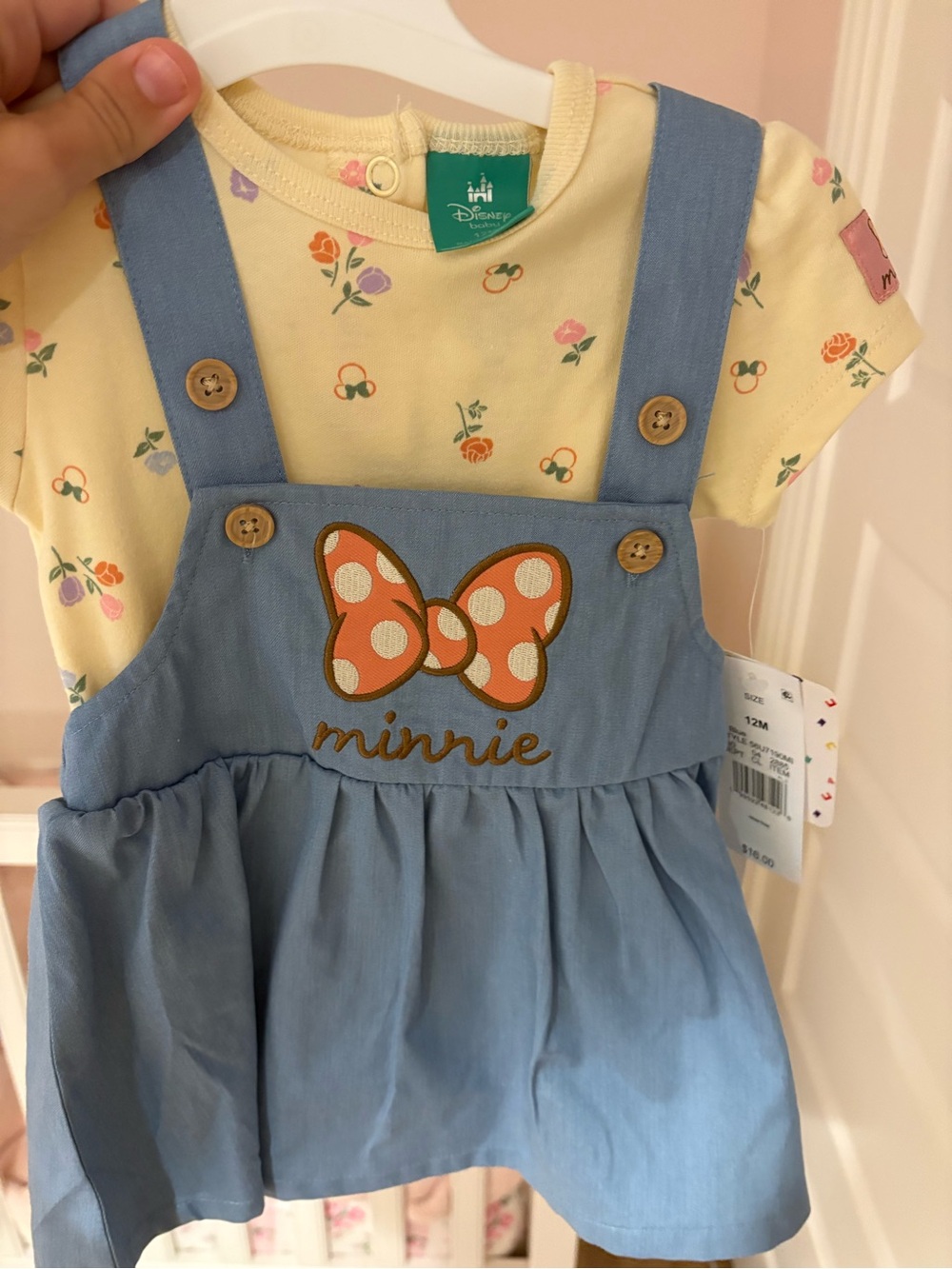 NWT 12M Disney Minnie Polka Dot Bow Blue Pinafore Dress Set